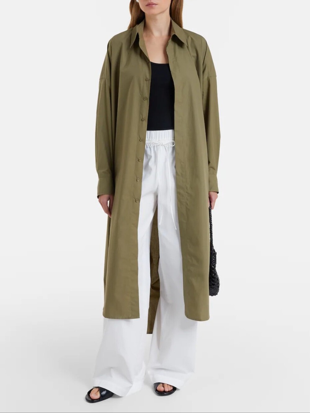 Lyaner Oversized Relaxed Fit Buttoned Collared Maxi Shirt Dress in Olive Green L